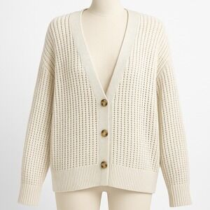 Vtg Women Cream Open Knit Button Cardigan Sweater M Preppy Coquette Dainty Fairy